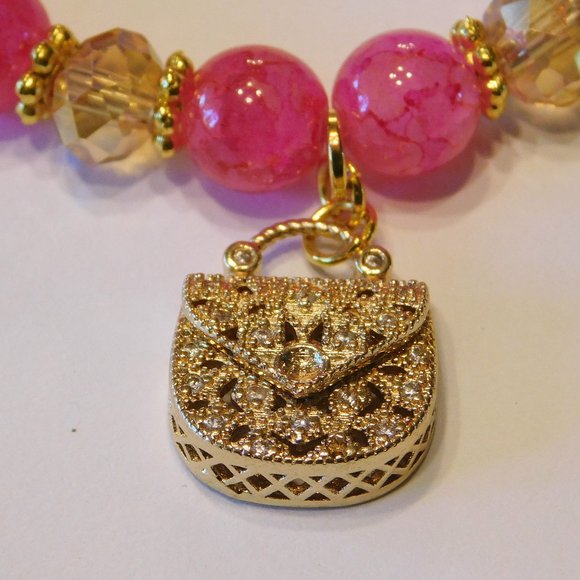 Handmade Fuchsia & Gold Stretch Bracelet W/Purse Charm - 7.5" - Picture 1 of 4